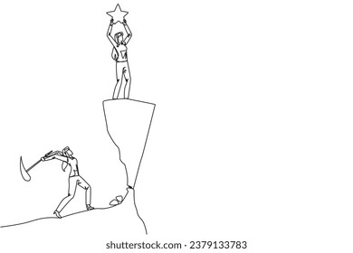 Single continuous line drawing businesswoman standing on a cliff lifting a star. Envious friend, eating away at success from the inside to fall down. The traitor. One line design vector illustration