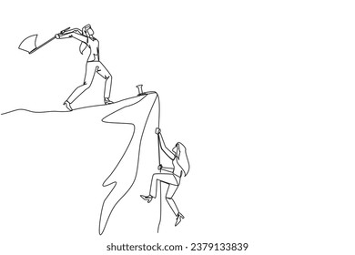 Single continuous line drawing businesswoman climbs a cliff with the rope. Almost successful. Rudely dropped by a business friend. Fake partner. The worst teamwork. One line design vector illustration