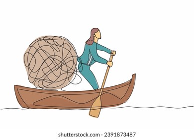 Single continuous line drawing businesswoman sailing away on boat with messy line. Stressed office worker escape from chaotic or anxiety minded. Mental health. One line draw design vector illustration