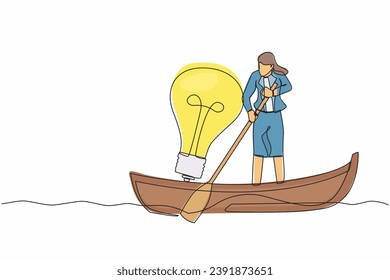 Single continuous line drawing of businesswoman sailing away on boat with light bulb. Success business idea, vision, and innovation for better company. One line draw graphic design vector illustration