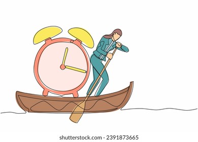Single continuous line drawing businesswoman sailing away on boat with alarm clock. Time management in business project deadline. Success business concept. One line graphic design vector illustration
