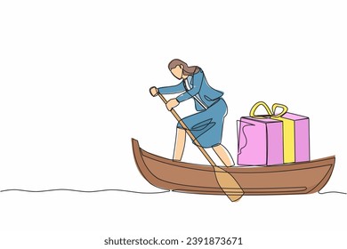 Single continuous line drawing businesswoman sailing away on boat with gift box. Year-end prizes for outstanding employees. Appreciation from company. One line draw graphic design vector illustration