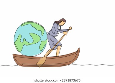 Single continuous line drawing businesswoman standing in boat and sailing with globe ball. Taking trip around the world by ship. Tourism or travelling. One line draw graphic design vector illustration