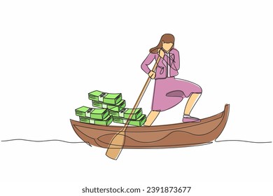 Single continuous line drawing businesswoman sailing away on boat with pile of banknote. Escape with money. Financial crime, tax evasion, money laundering. One line graphic design vector illustration