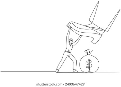Single continuous line drawing businesswoman holds back the giant foot that wants to step on the money bag. Against the tyrannical sovereigns. Business destroyer. One line design vector illustration