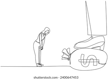 Single continuous line drawing businesswoman nodded in front of the giant foot stepping on the money bag. Trying to give in to the integrity of teamwork. Wisdom. One line design vector illustration