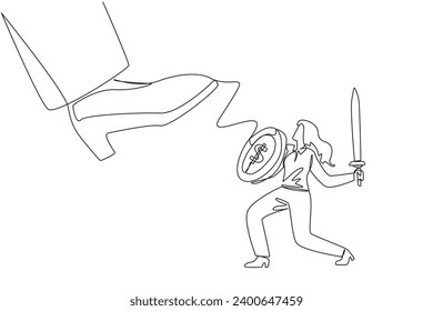 Single continuous line drawing businesswoman tries to ward off the giant foot that wants to step on her. Fighting arch enemies to gain profits. Preventive measure. One line design vector illustration