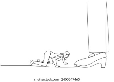 Single continuous line drawing businesswoman kneels and licks giant foot. Sacrificing self-esteem. Doing anything for profit. Make extra sacrifices for the team. One line design vector illustration