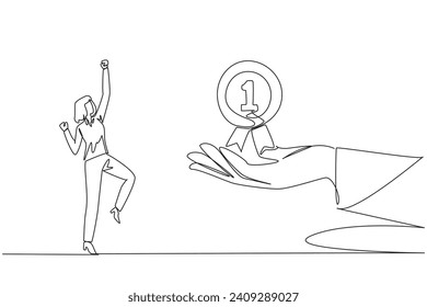 Single continuous line drawing businesswoman was happy to get reward medal from giant hand. Recognition for all hard work. Paid off. The best employee of the year. One line design vector illustration