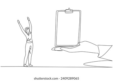 Single continuous line drawing the businesswoman was excited to get the clipboard from the giant hand. Ease of making checklists. Must benefit the company. Success. One line design vector illustration