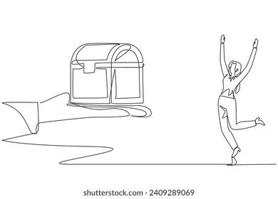 Single continuous line drawing businesswoman was excited to get the treasure chest from the giant hand. Work smarter than ever. The profits obtained are very large. One line design vector illustration