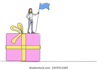 Single continuous line drawing of businesswoman standing on giant gift box raising flag. Businesswoman provide year-end bonuses to all employees. Business reward. One line design vector illustration