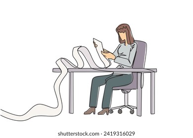 Single continuous line drawing of businesswoman sitting in work chair holding roll of billing paper. Monthly recurring bill payment. Employee salary bills and other payments. One line design vector
