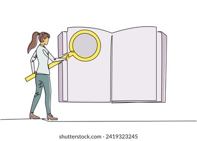 Single continuous line drawing businesswoman stood holding magnifier and checked the open book. Looking for valid information and data so that the business grows. One line design vector illustration