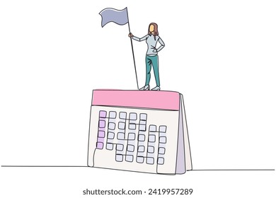 Single continuous line drawing businesswoman standing on giant desk calendar holding flag. Starting small steps in planned business pattern is key to success in achieving business profits. One line