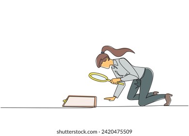 Single continuous line drawing of businesswoman holding magnifying glass look at clipboard. Businesswoman make sure by checking back work that may have been missed. Careful. One line design vector