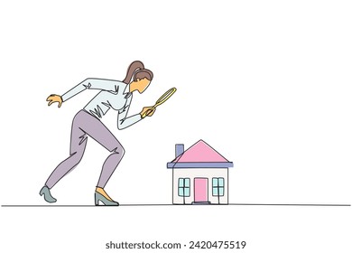 Single continuous line drawing of businesswoman holding magnifying glass looking at miniature house. Get ready to make passive income after viewing several house. One line design vector illustration