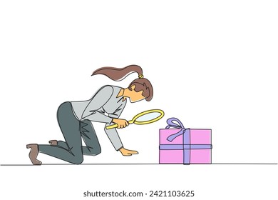 Single continuous line drawing businesswoman holding magnifying glass highlights gift box. Assign bonuses to employees have high dedication to the company. Prize. One line design vector illustration