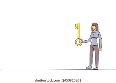 Single continuous line drawing businesswoman holding key. Important key to increasing profits has been secured. Ready to become important inheritance for relatives. One line design vector illustration