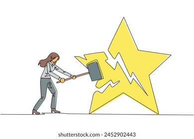 Una sola línea continua dibujando a una mujer de negocios que se prepara para golpear a la gran estrella. Alboroto. El destructor del sueño. No consiguió la mejor posición en su carrera. La rabia se desbordó. Ilustración vectorial de diseño de una línea