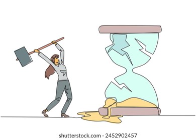 Single continuous line drawing businesswoman preparing to hit the big hourglass. Remove reminders. Work without rules. Undisciplined. Detrimental to the company. One line design vector illustration