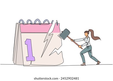 Single continuous line drawing businesswoman preparing to hit big desk calendar. Very angry expression. Lots of deadlines, holiday schedules become messy. Irate. One line design vector illustration