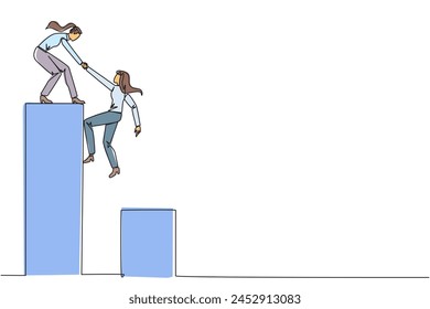 Single continuous line drawing businesswoman helps colleague climbing bar graph. Helping to climb to higher ground. Move forward and success together. Teamwork. One line design vector illustration
