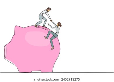 Single continuous line drawing businesswoman helps colleague climb big piggy bank. Remind each other in kindness. Investment for the future. Super great teamwork. One line design vector illustration