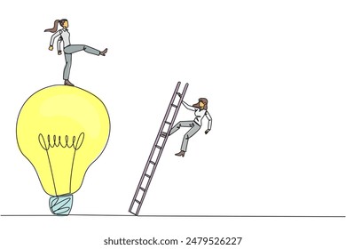 Single continuous line drawing businesswoman kicks opponent who climbing the lightbulb with a ladder. Dropping colleague because don't have bright ideas. Traitor. One line design vector illustration