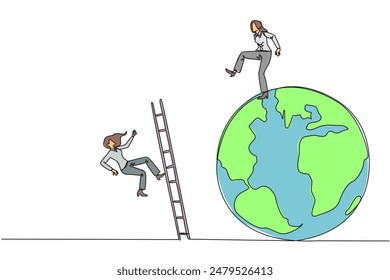 Single continuous line drawing businesswoman kicks opponent who is climbing the globe with a ladder. Failed to be on top of the world. Dropped by business friend. One line design vector illustration
