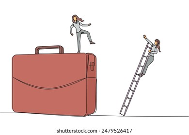 Single continuous line drawing businesswoman kicks opponent who is climbing the briefcase with a ladder. Keep away from intruders who disturb business trips. Rival. One line design vector illustration