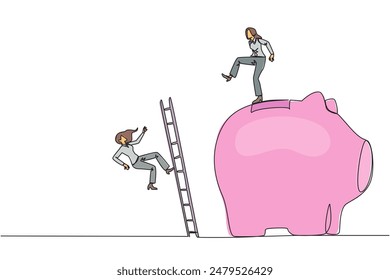 Single continuous line drawing businesswoman kicks opponent who is climbing piggy bank with stair. Bringing down opponents so don't have any investment in future. One line design vector illustration
