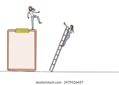 Single continuous line drawing businesswoman kicks opponent who is climbing a big clipboard with a ladder. The bully will ruin the daily report. Chase away bullies. One line design vector illustration