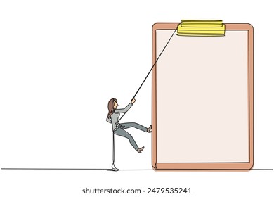 Single continuous line drawing businesswoman climbing the clipboard with rope. Extra effort to work on reports optimally. The final report is awaited. Work hard. One line design vector illustration