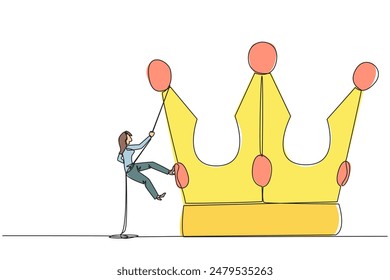 Single continuous line drawing businesswoman climbing crown with rope. Prepare for a better life by working hard to achieve the highest position. The hard worker. One line design vector illustration