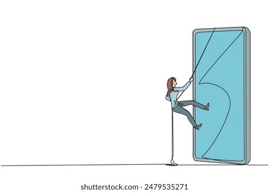 Single continuous line drawing businesswoman climbing smartphone with rope. Improve business relationships. Massively contact old friends. Connected to each other. One line design vector illustration