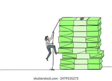 Single continuous line drawing businesswoman climbs stack of banknotes with rope. The hard worker to raise capital to create a new business. For better future life. One line design vector illustration