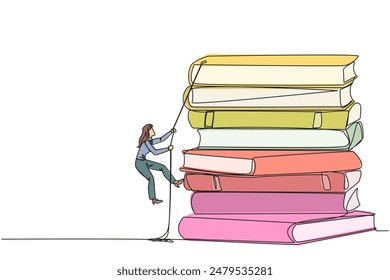 Single continuous line drawing businesswoman climbing a pile of books with a rope. Try hard to gain new knowledge for the smooth running of business. Satisfied. One line design vector illustration