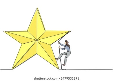 Single continuous line drawing businesswoman climbing the star with rope. Entrepreneurs strive extra hard to reach the goals hang in the stars. Dream come true. One line design vector illustration