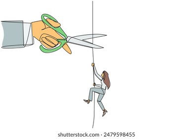 Single continuous line drawing businesswoman climbing rope. Metaphor of struggling to advance business. Business failed to develop. Sabotaged by business friends. One line design vector illustration