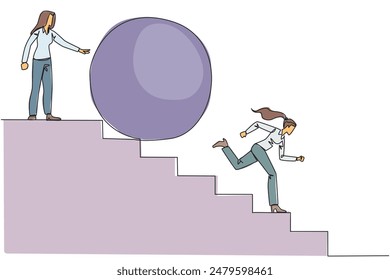 Single continuous line drawing businesswoman running down stairs avoiding big ball. Attacked by business friends. Traitor in business. Cheating in business. Betray. One line design vector illustration