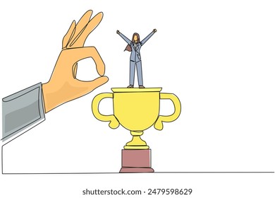 Single continuous line drawing businesswoman standing on big trophy. Celebrating the success of the business. Got fraudulent business opponents. Falling helpless. One line design vector illustration