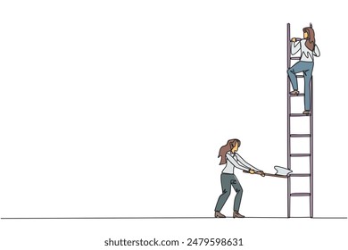 Single continuous line drawing businesswoman climbs ladder to achieve the expected reward. Destroyed silently. Business failed to develop. Destroyed by traitors. One line design vector illustration