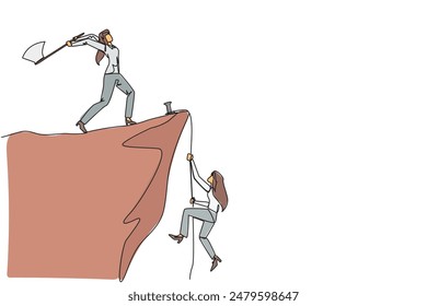 Single continuous line drawing businesswoman climbs a cliff with the rope. Almost successful. Rudely dropped by a business friend. Fake partner. The worst teamwork. One line design vector illustration