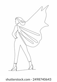 Single continuous line drawing businesswoman, Superhero tearing shirt and wearing costume.