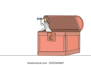 Single continuous line drawing businesswoman comes out of treasure chest looks for something with binoculars. Mineral and coal entrepreneur. Luck leads to treasure. One line design vector illustration