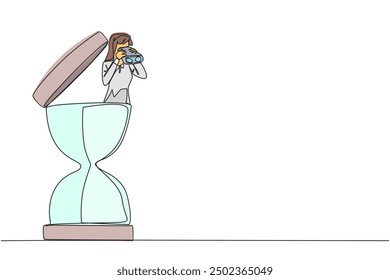Single continuous line drawing businesswoman coming out of hourglass looking for something through binoculars. Set work rhythm to finish on time. Work smart. One line design vector illustration