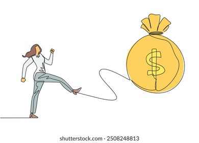 Single continuous line drawing businesswoman kicking the money bag. Pointless anger. Wasting a lot of capital without making a profit. No investments are empowered. One line design vector illustration