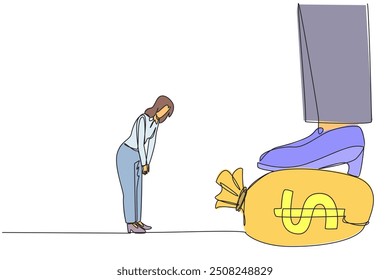 Single continuous line drawing businesswoman nodded in front of the giant foot stepping on the money bag. Trying to give in to the integrity of teamwork. Wisdom. One line design vector illustration