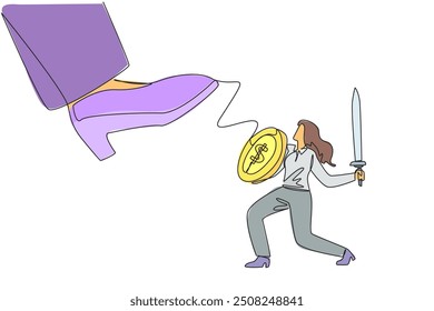 Single continuous line drawing businesswoman tries to ward off the giant foot that wants to step on her. Fighting arch enemies to gain profits. Preventive measure. One line design vector illustration
